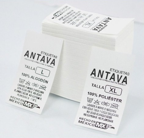 Etiquetas impresas Antava con talla, composición y cuidados